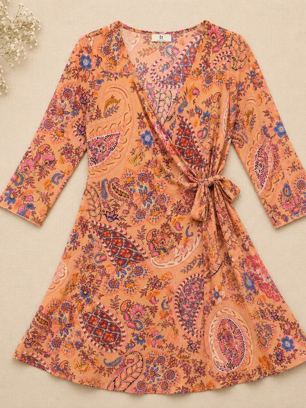 Peach Paisley Wrap Dress Boho Floral Midi Dress 3/4 Sleeve 23" Ptp